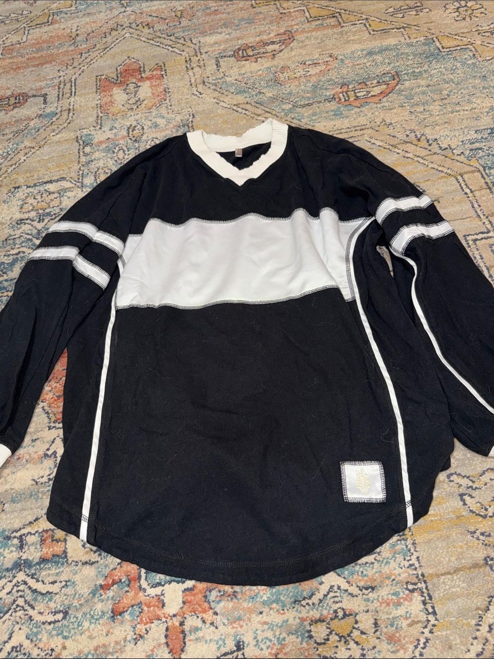 Free People Rugby Black and White  Colorblock Long-Sleeve Shirt - Picture 2 of 5